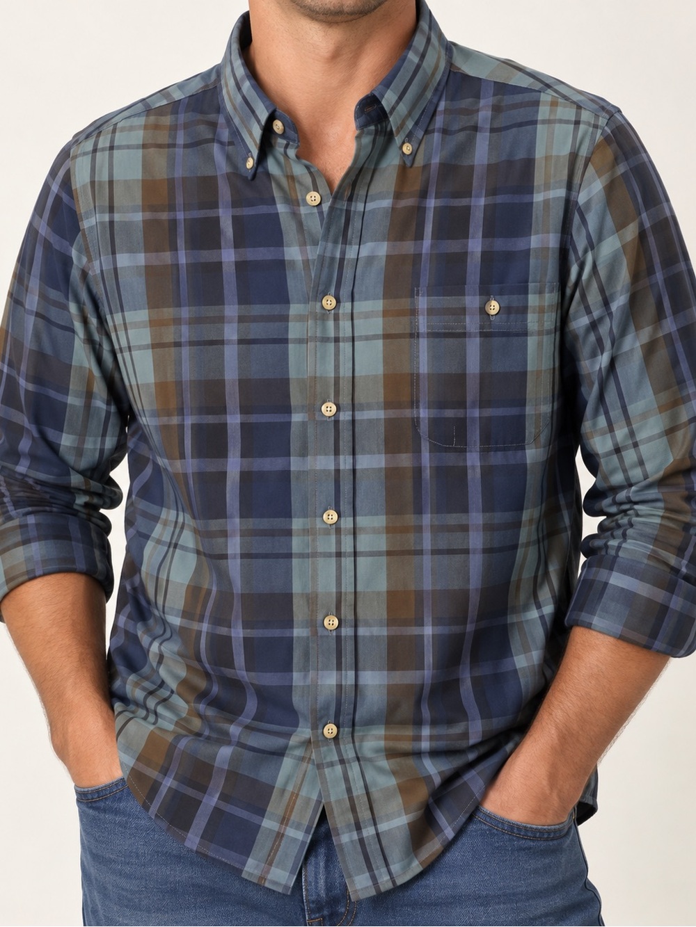 Roundtree & Yorke Navy, Green and Brown Plaid Button-Down Long Sleeve Shirt XL